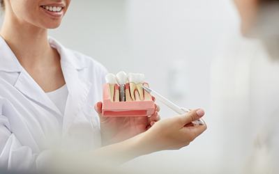 Dentist showing patient model of dental implant in Wayland, MA