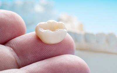 Dental crown sitting on finger